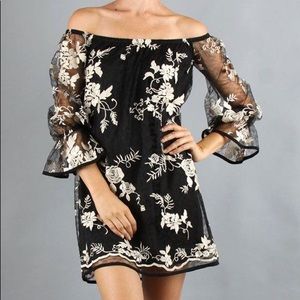Joy Han black sheer embroidered off shoulder dress